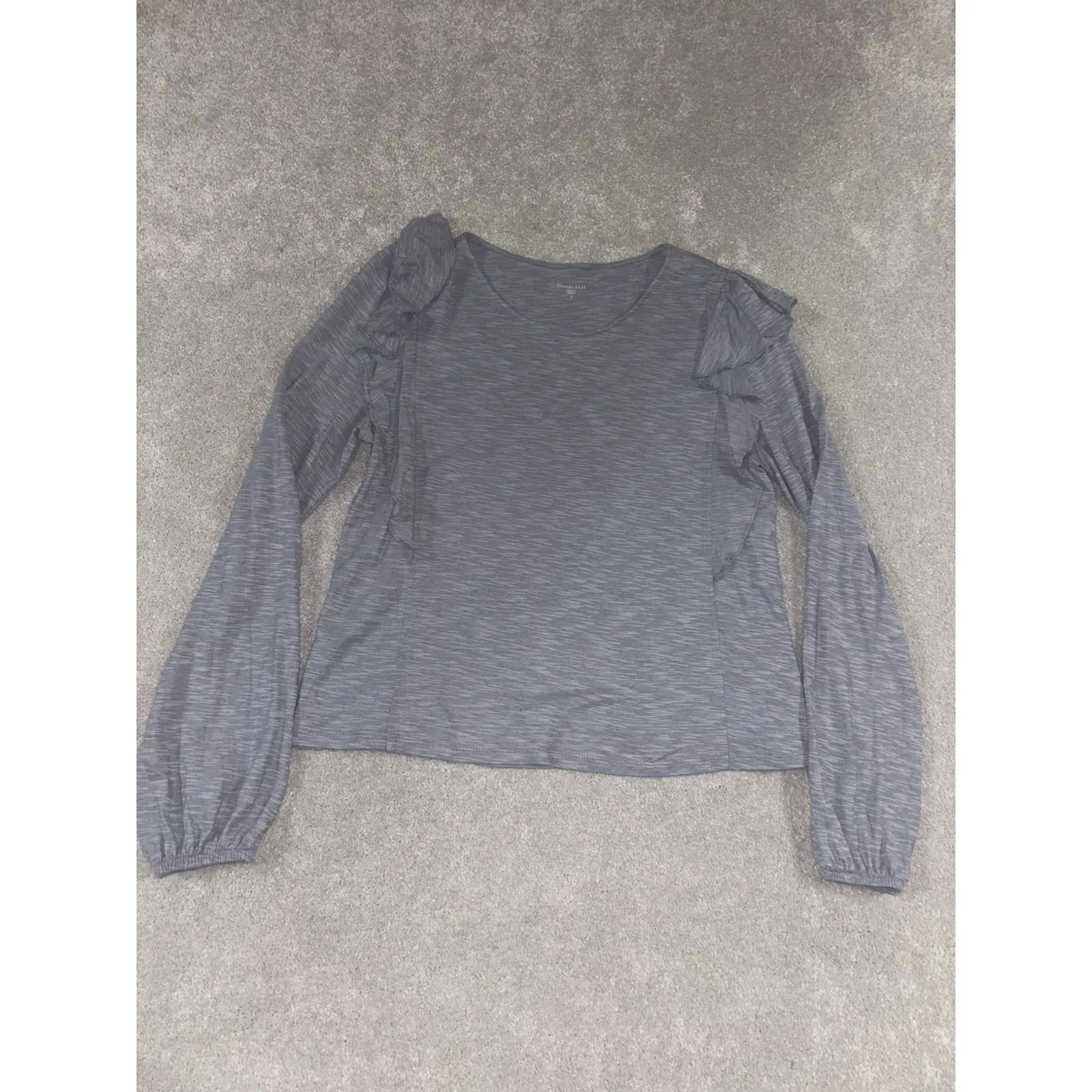 garnet hill small cotton/tencel long‎ sleeve gray puff sleeve top - Image 3