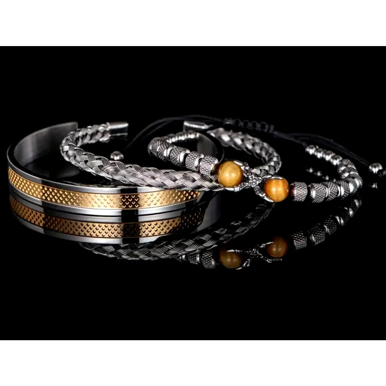 Unisex 3 pc SS Symmetrical Claw Bracelet Set Beaded Golden Gold - Image 2