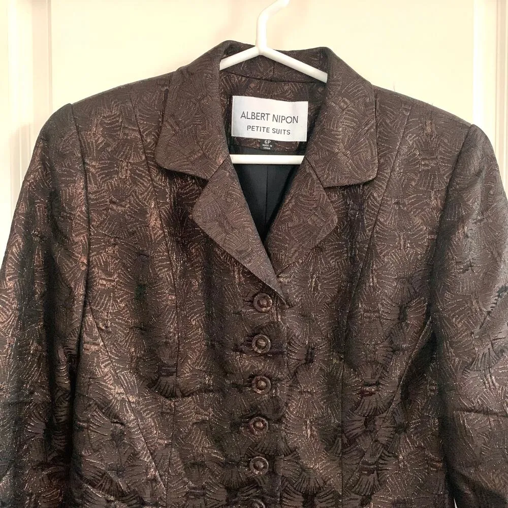 3/$15 Albert Nipon Vintage Jacquard Metallic Textured Blazer Suit Jacket Brown Size 6P - Image 2