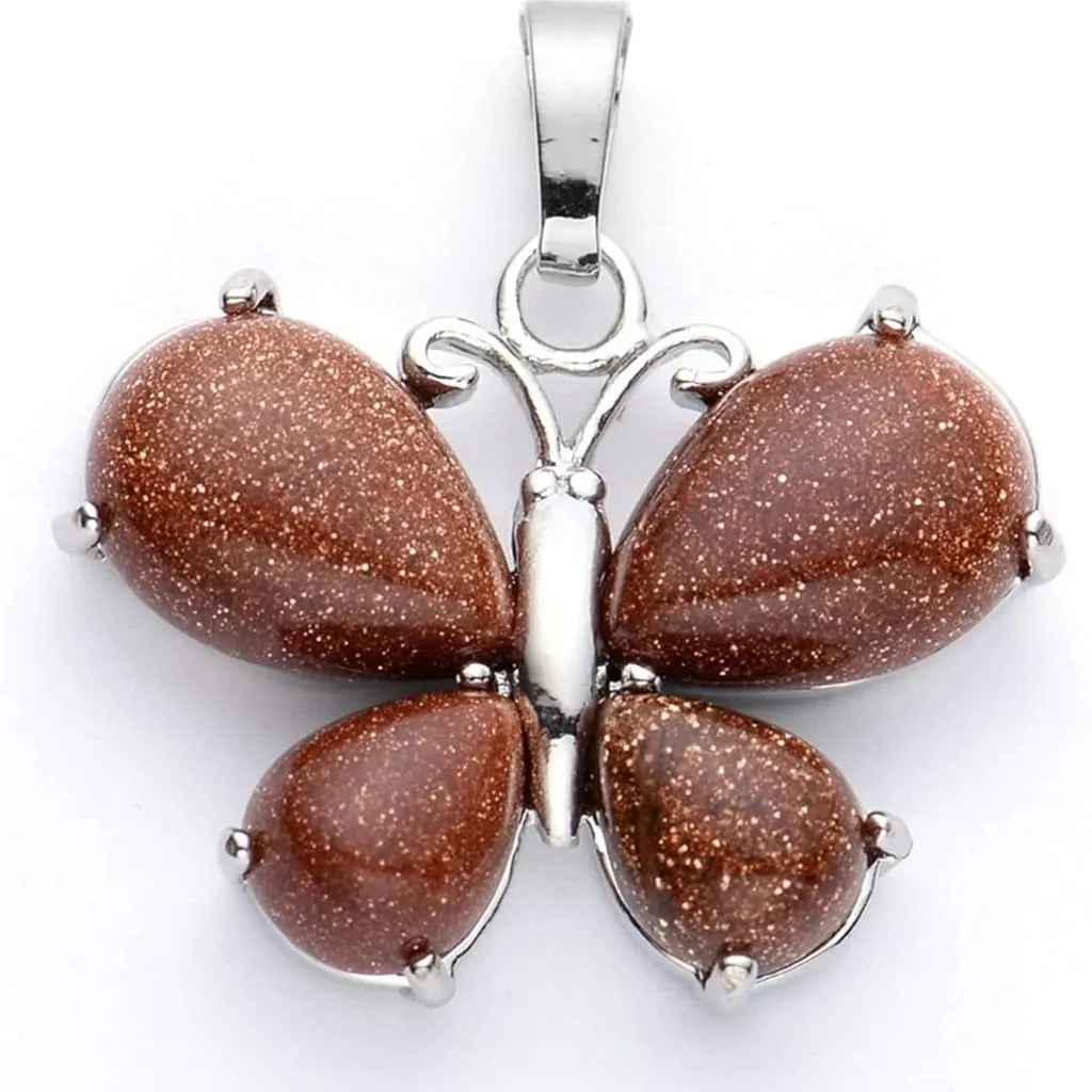 Gold Sandstone Natural Stone Cute Butterfly Pendant Necklace Gemstone Pendant Silver - Image 2