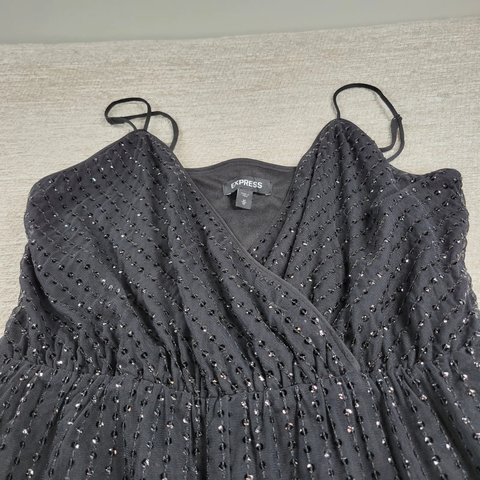 Express Sequin Jumpsuit Womens M Black Surplice Neck Holiday Cocktail Party Chic - Image 11