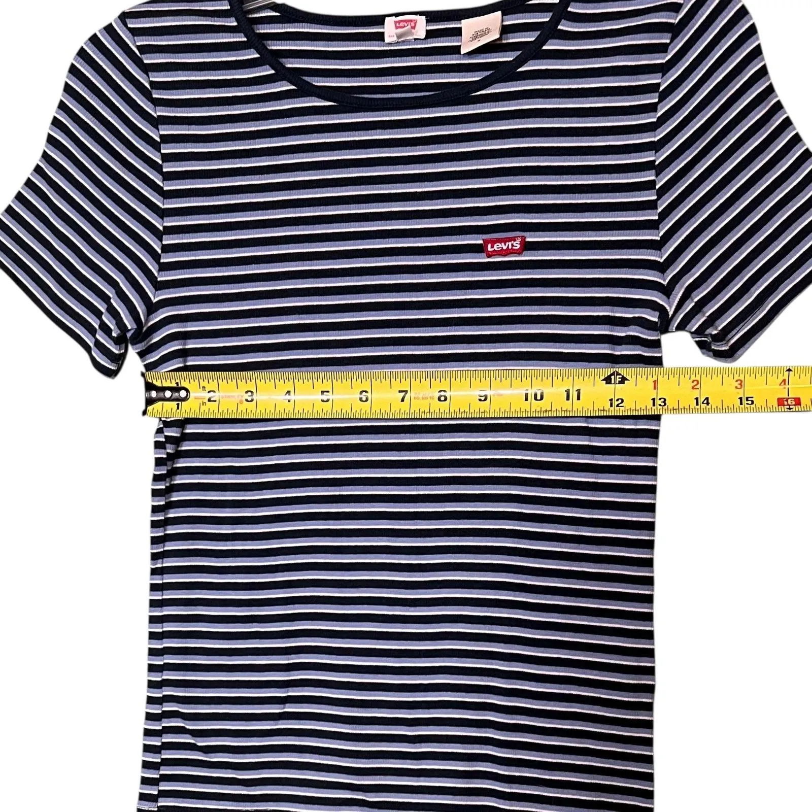 Levis Shirt Womens Medium Blue White Striped Ribbed Logo Crewneck Tee T-Shirt - Image 4
