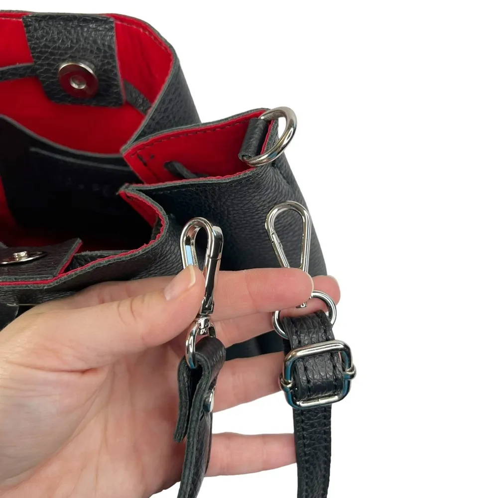 Marina Galanti Black Pebbled Leather Drawstring Crossbody Purse - Image 11