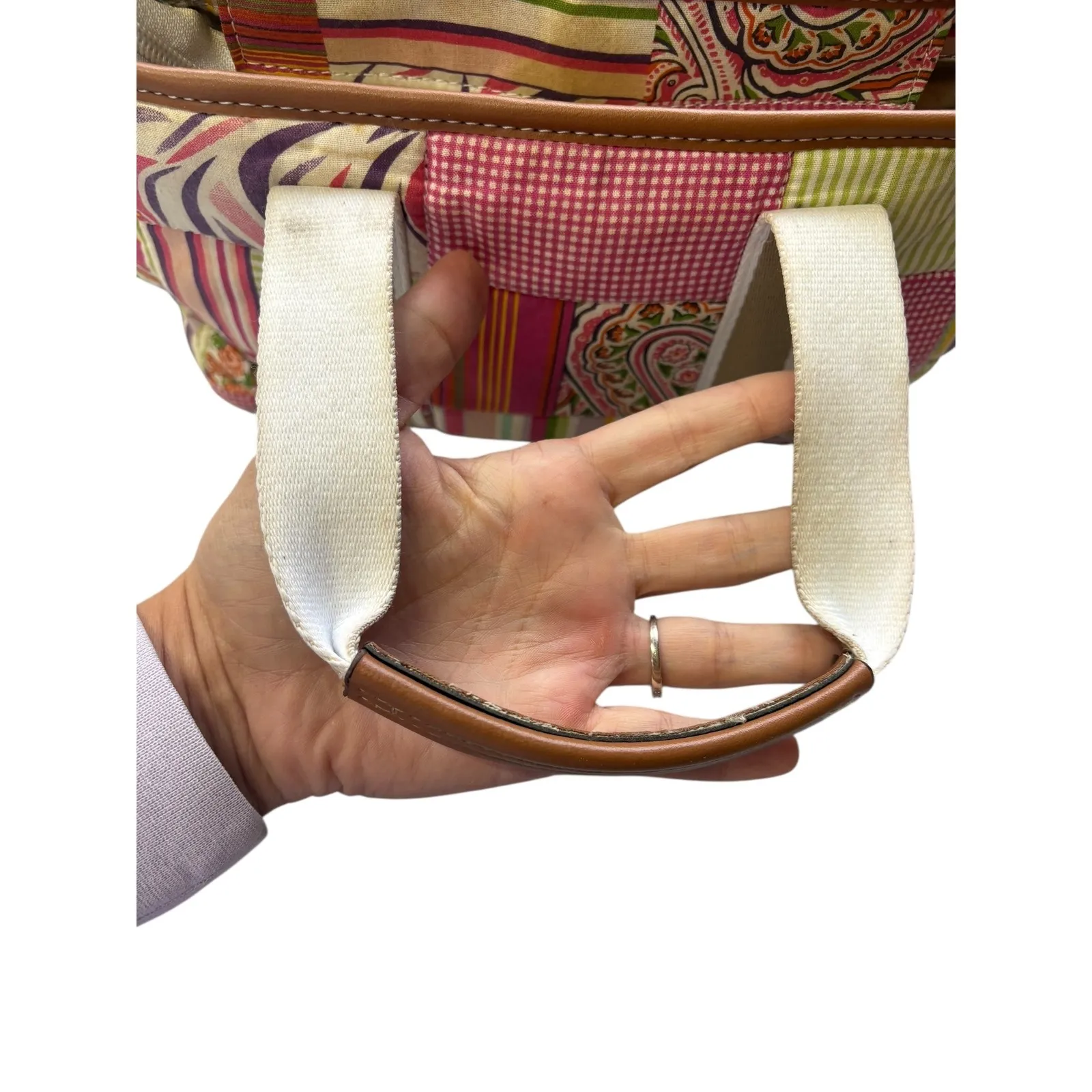 Y2K 90s Braciano Pink Patchwork Tote Bag Multicolor Trim Top Handle Distressed - Image 7