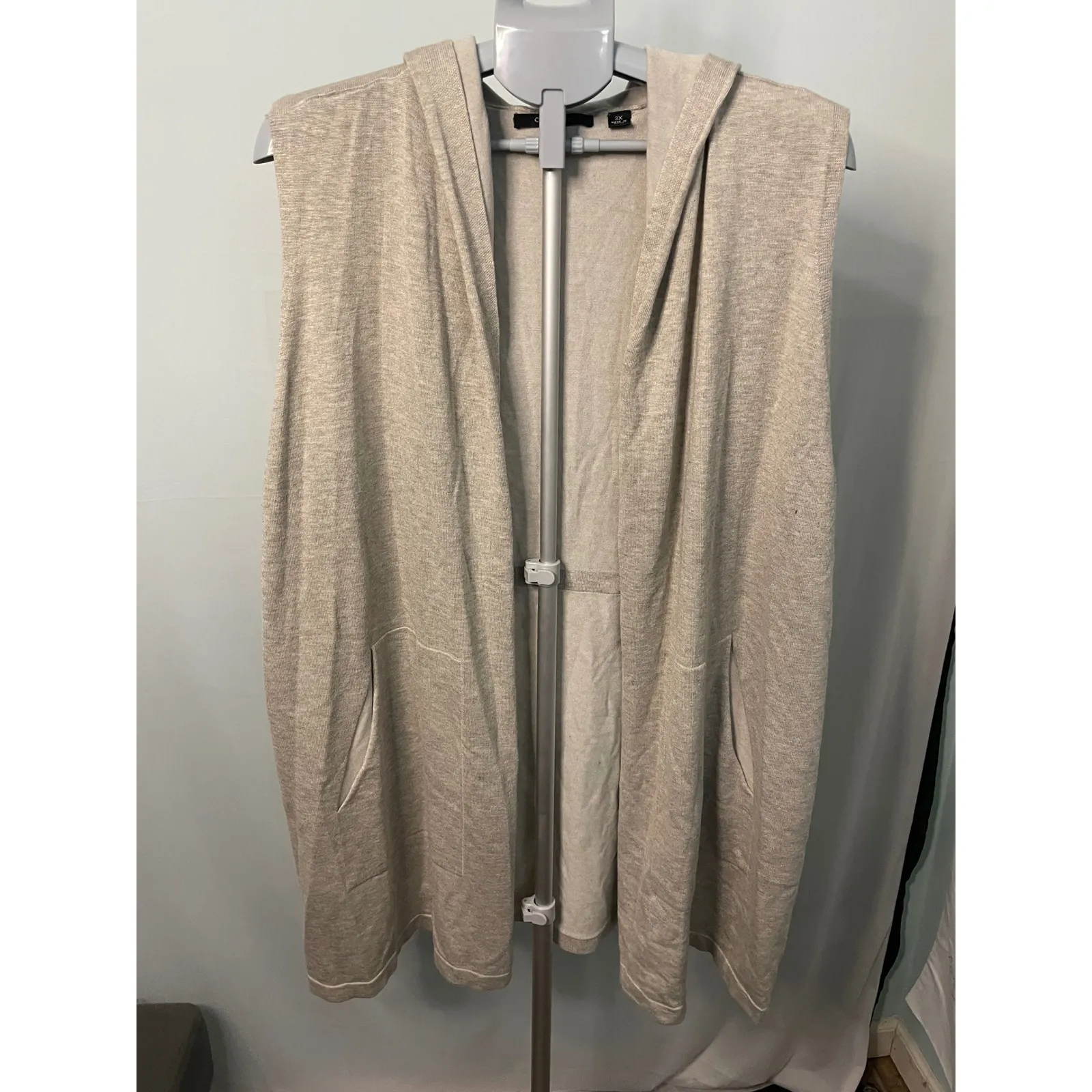 Cyrus Women's 3X Sleeveless‎ Knit Hooded Cardigan Duster Vest Beige - Image 3