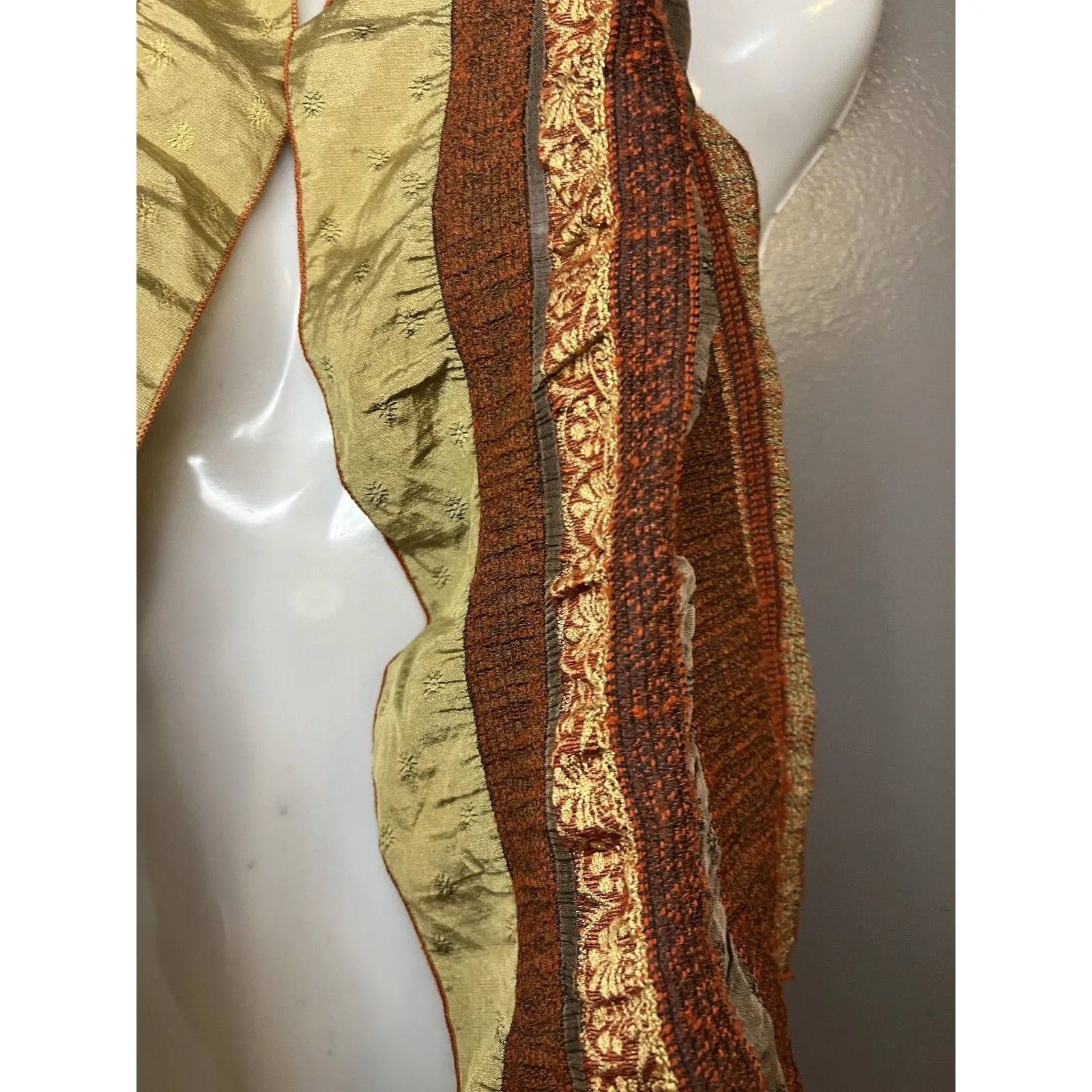 Organza Silk Striped Scarf Womens One Size Brown Orange Gold Ruffle Boho Texture - Image 3