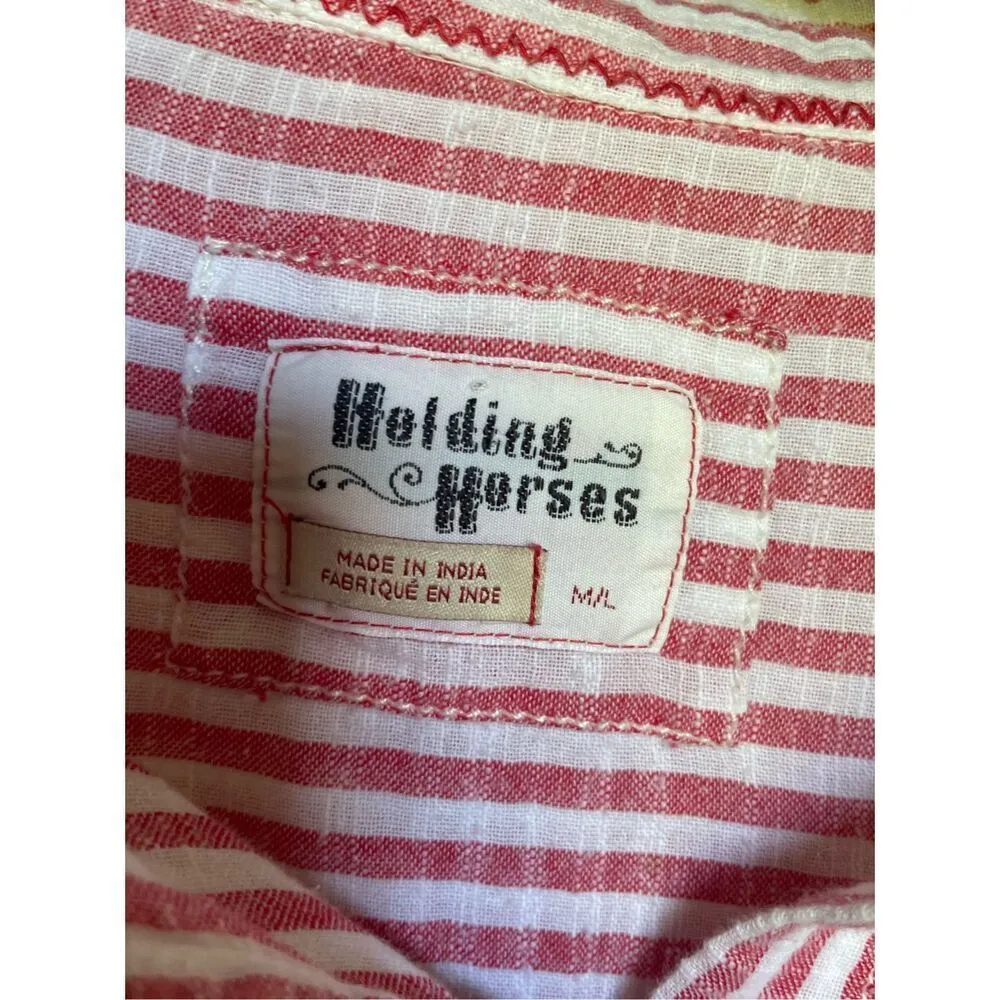 Anthropologie Holding Horse Oversize Button Down Blouse Red White Stripes M/L - Image 6