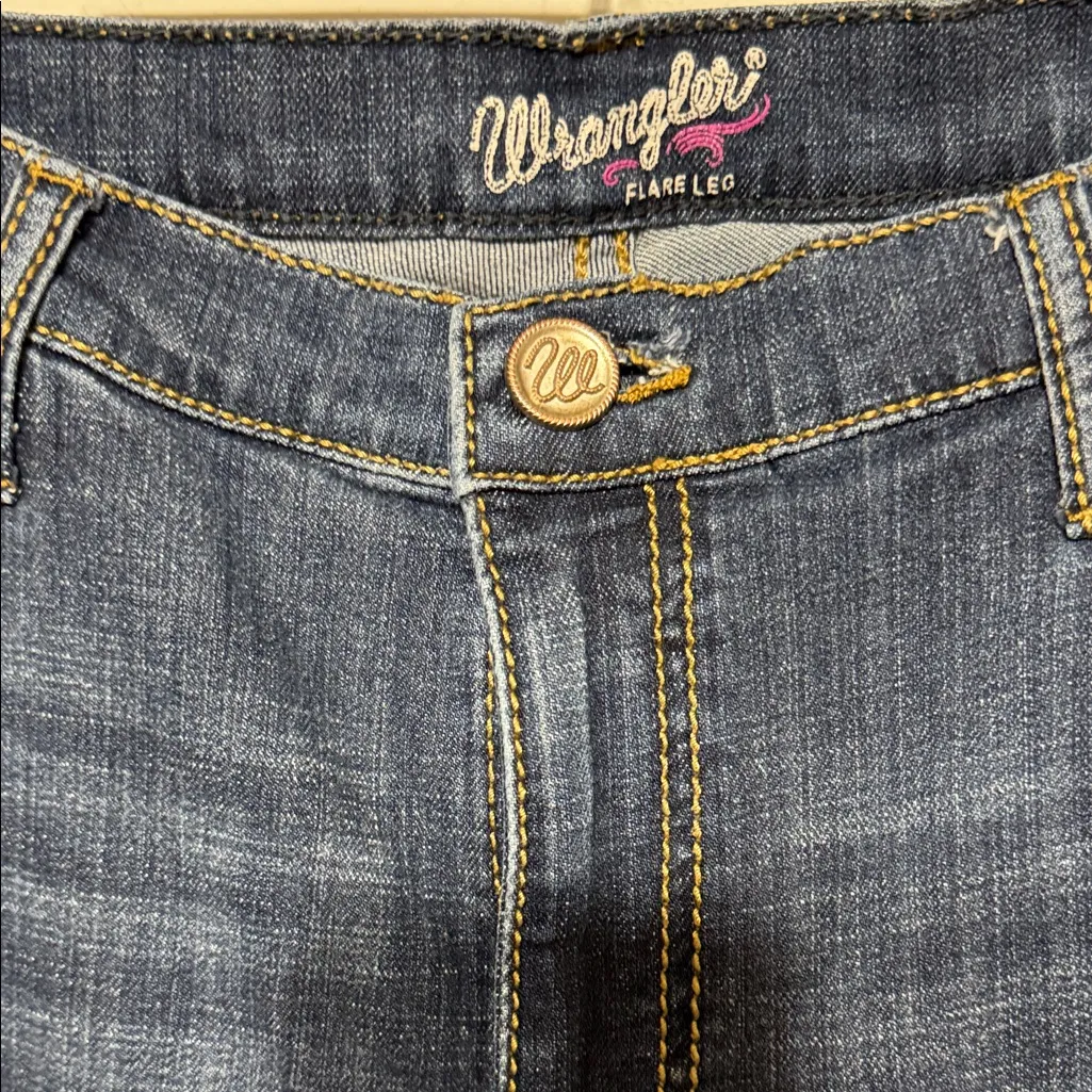 Wrangler Dark Blue Flare Jeans with Floral Embroidery  Size 13 34” L - Image 2