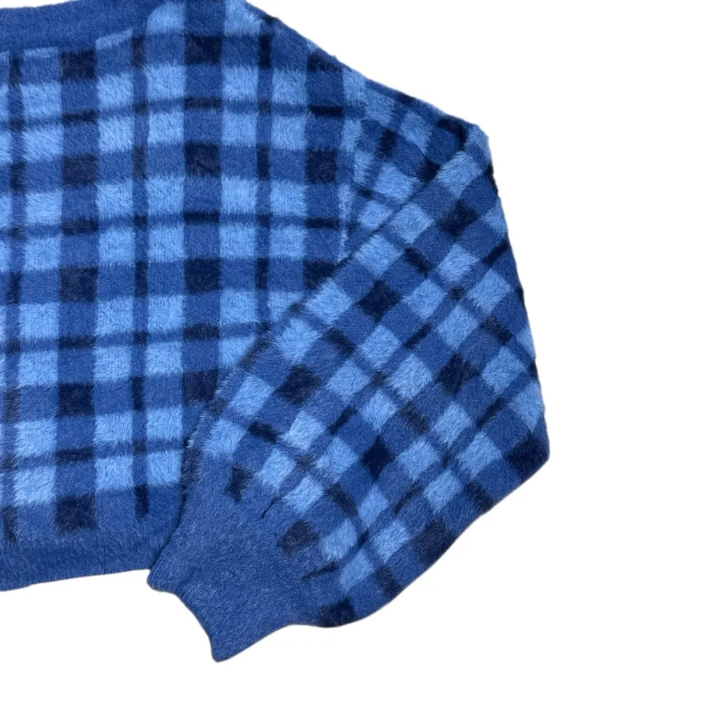 Kendall + Kylie Blue Plaid Faux Fur Cropped Cardigan Womens M - Image 6