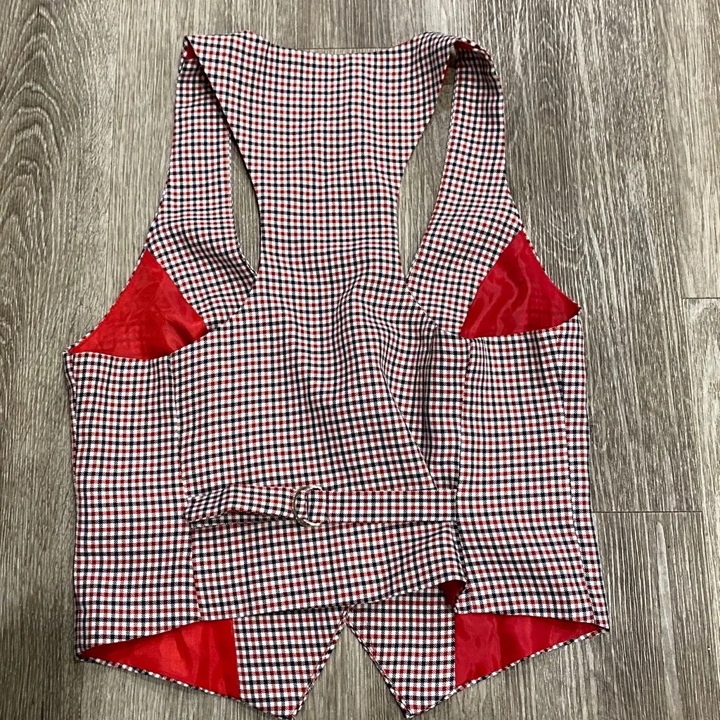 Vintage plaid checkered tuxedo vest button front red checks gingham small - Image 7