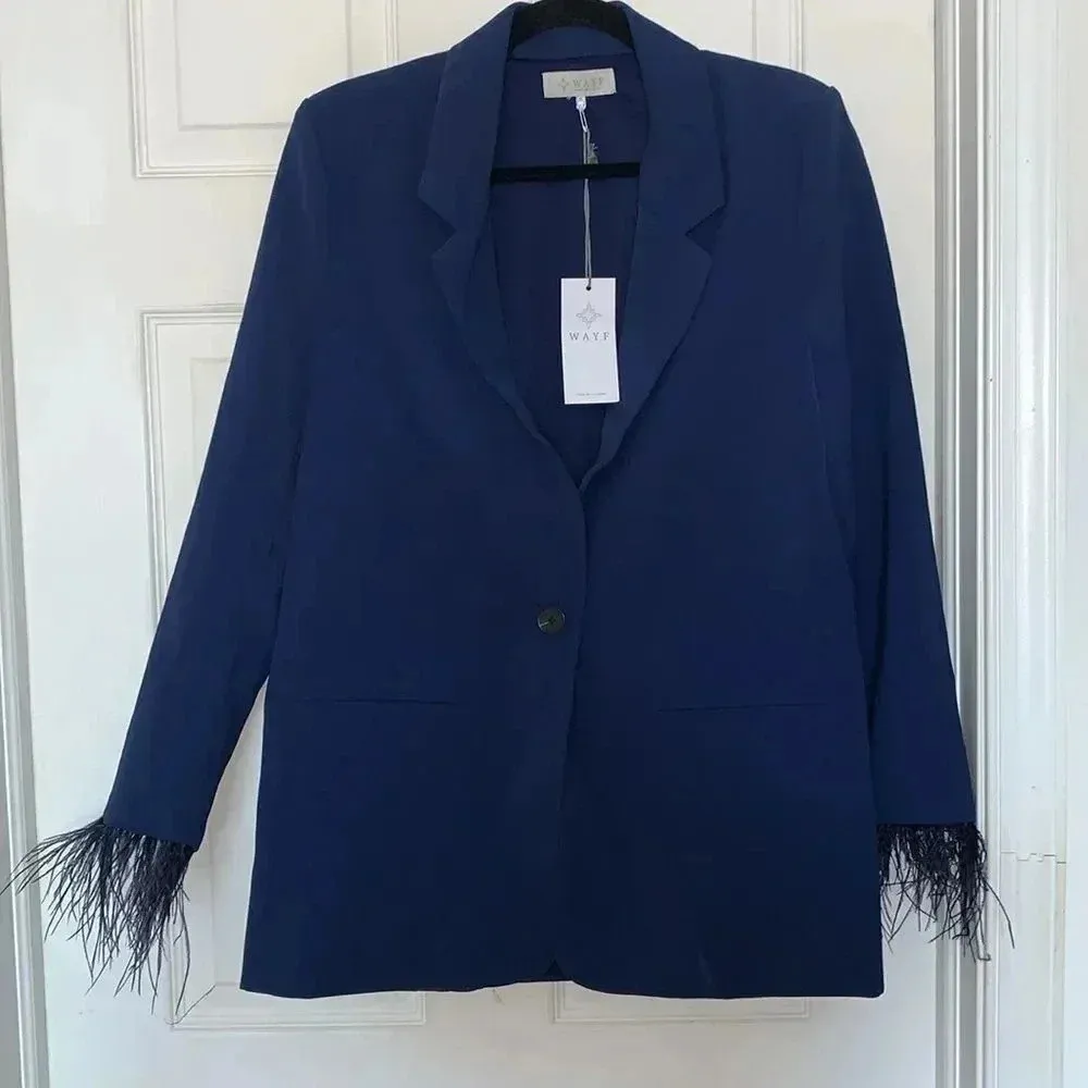 WAYF Feather Trim Navy Blue Blazer Size S - Image 3