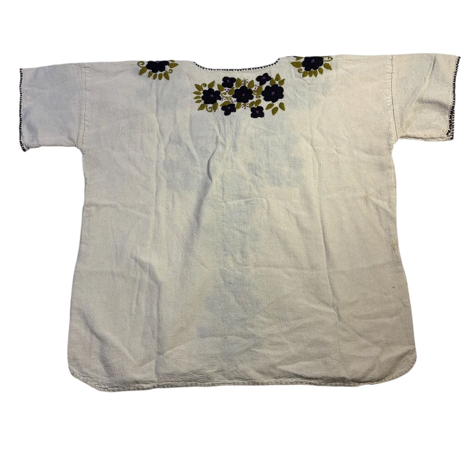 Embroidered Tunic Top Boho Floral Purple Green Tassel Neck Cream Medium - Image 2