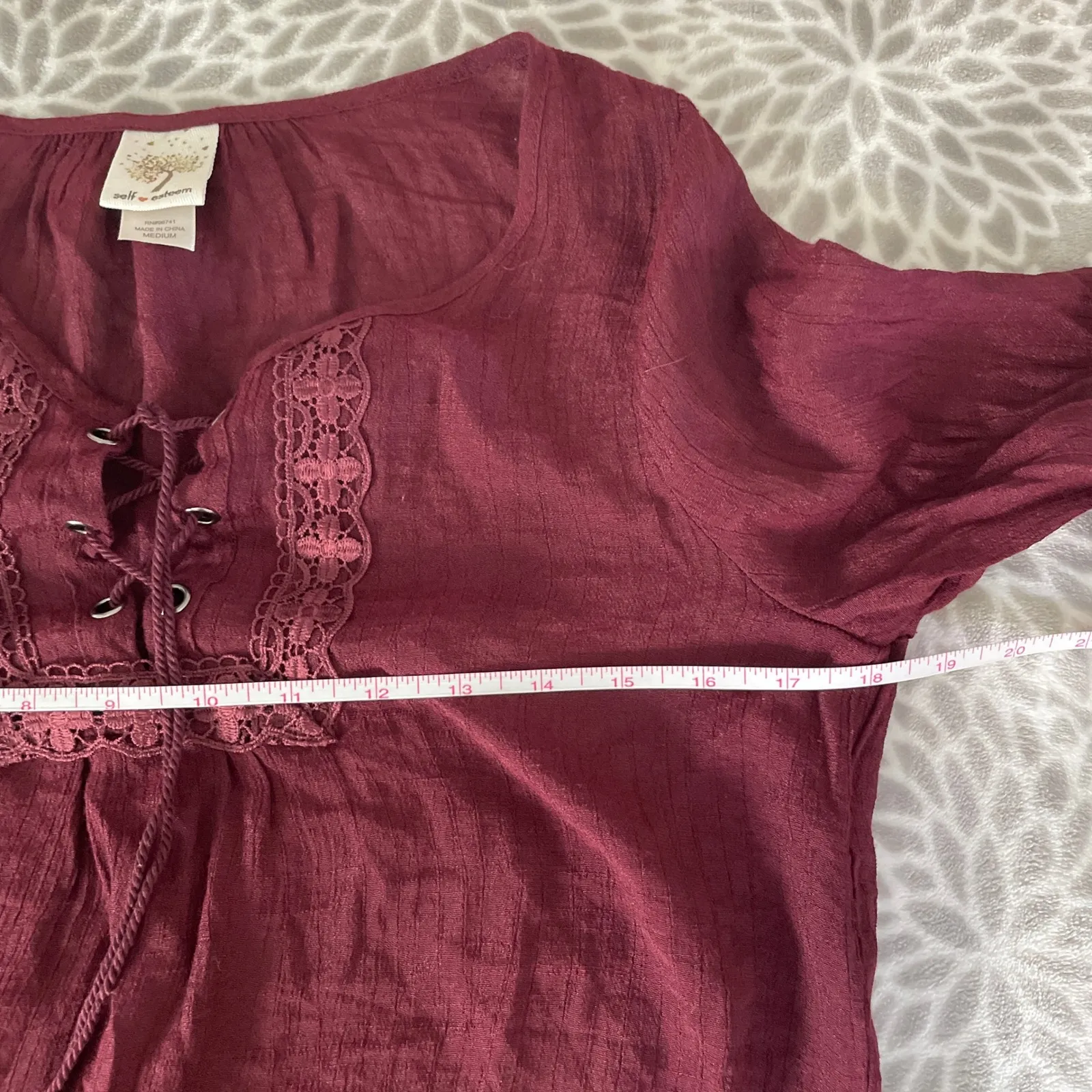 Vtg 90s Self Esteem Bell Sleeve Blouse Medium Maroon Boho Chic Renaissance Fairy - Image 6