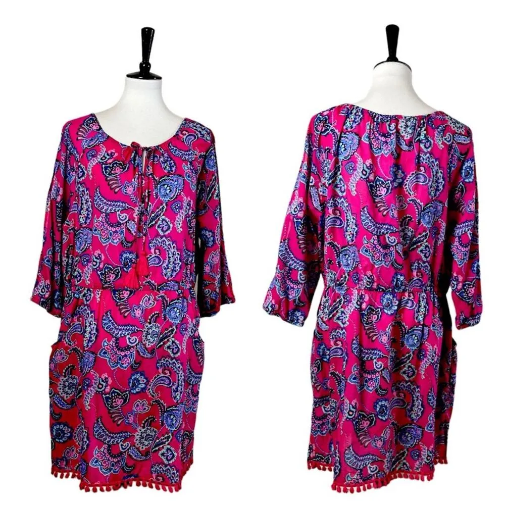 Talbots Swim Coverup Blouson Tie Neck Long Sleeve Pink Paisley Women’s Size XL - Image 14