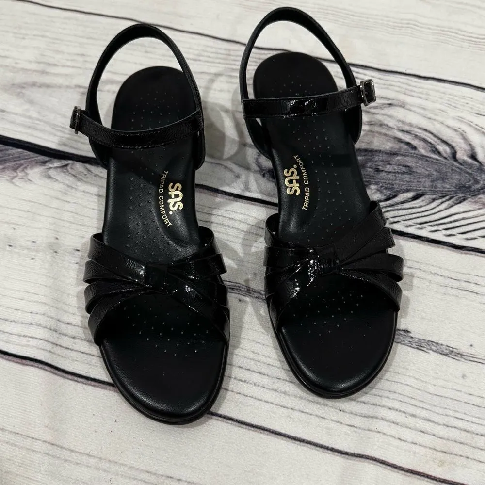 SAS Strippy Low Wedge Black Sandals Women's 9.5 M Tripad Leather Comfort Strappy - Image 2