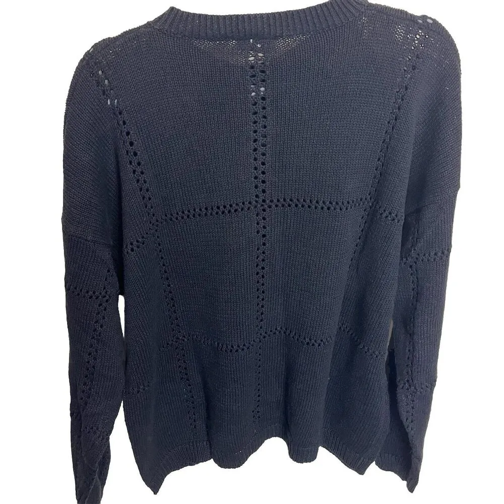 Vintage Women’s Large Cardigan Sweater Open Knit Crochet Flowers Retro Grandma Black - Image 2