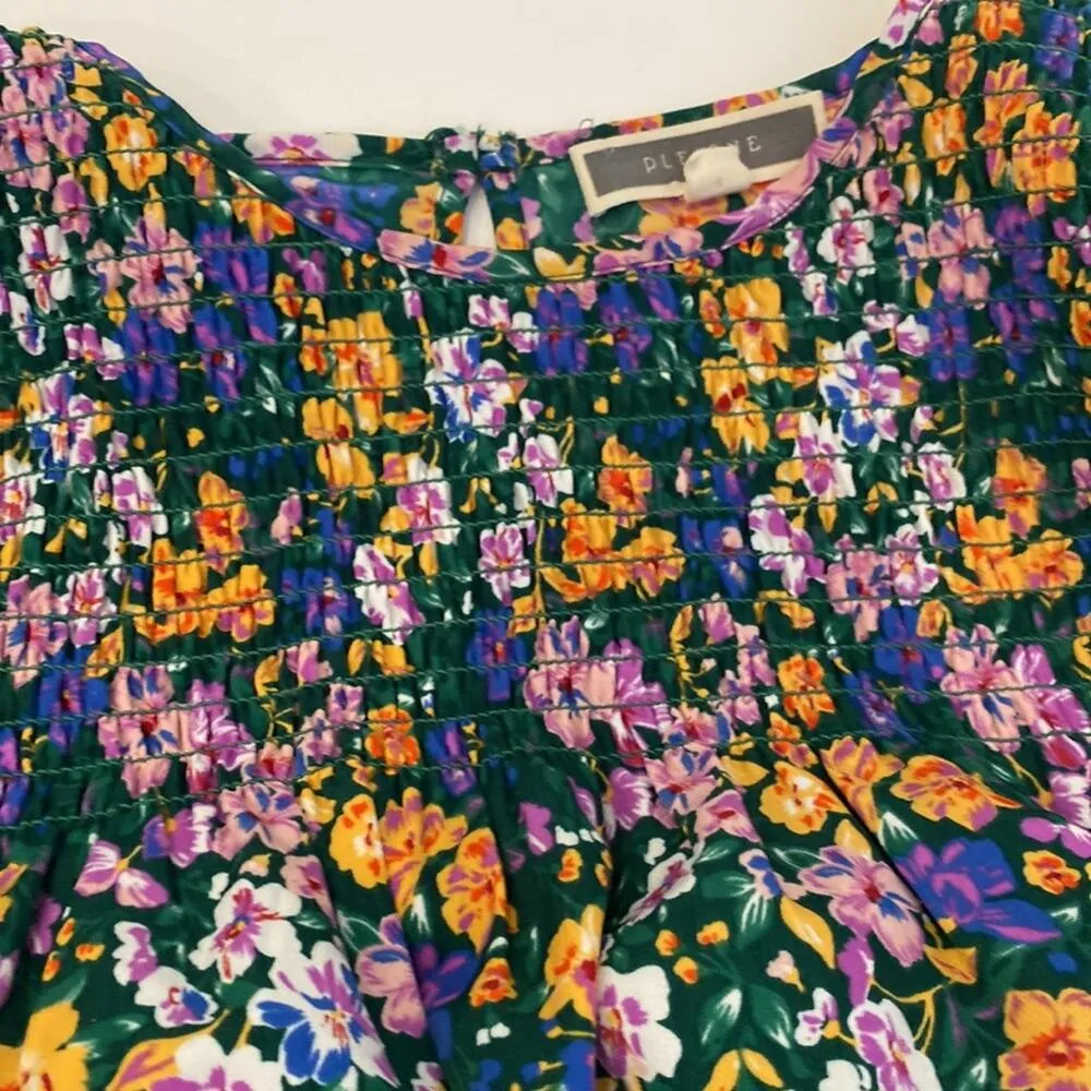 Pleione x Anthropologie Floral Smocked Peplum Blouse EUC Sz Sm Puff Sleeve - Image 8