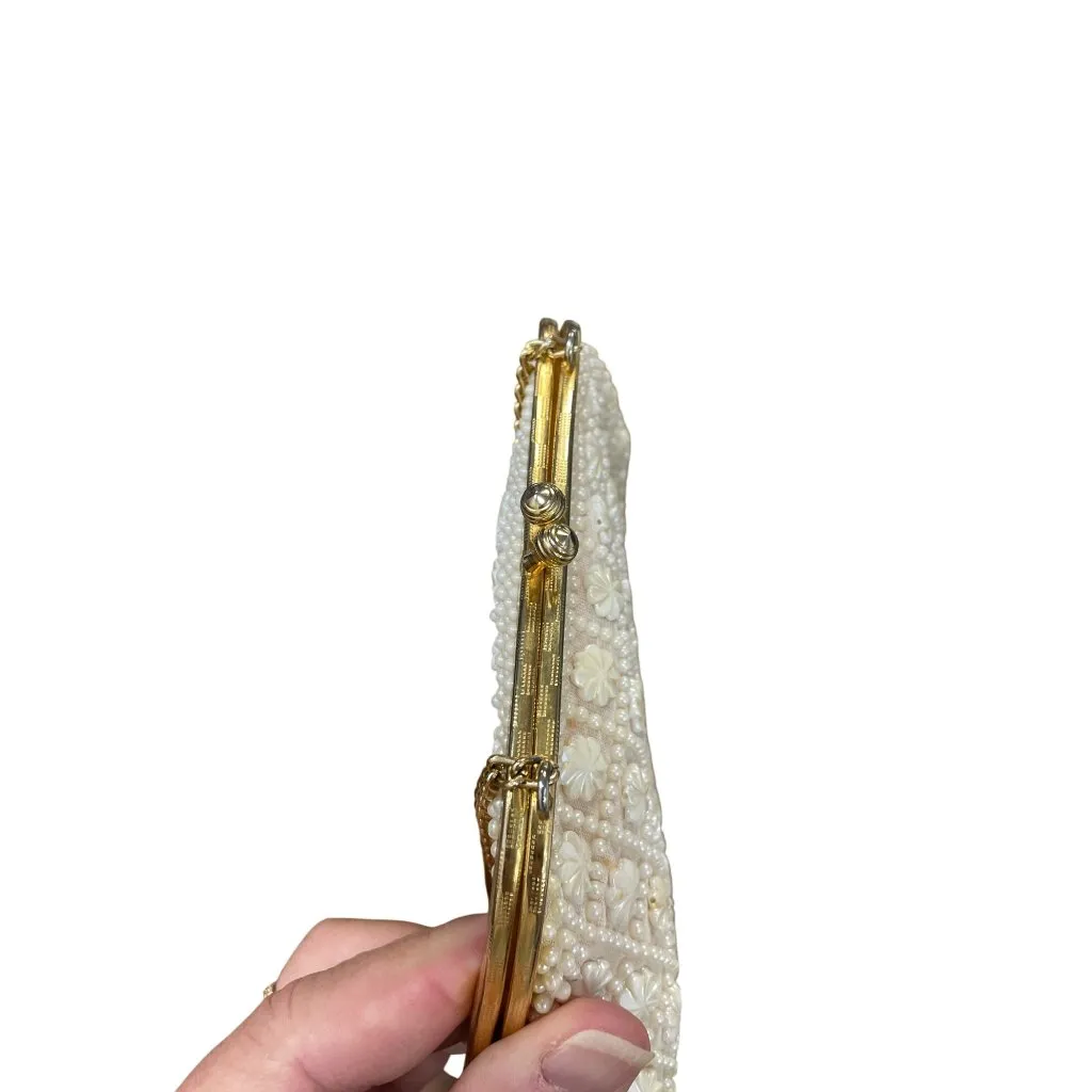 Vintage Honk Kong Pearl Flower Beaded Evening Clutch Purse SKU 9477 White - Image 9