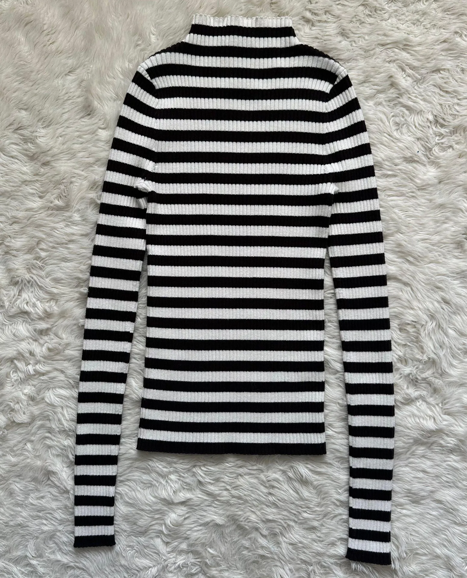 Top Cotton Mockneck Sweater in Stripe Dark Carob Ivory Combo XXS NWT - Image 4