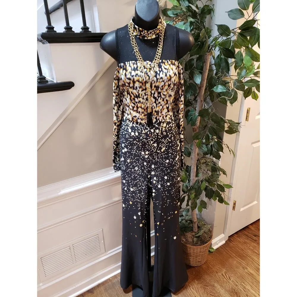 Chicme Jumpsuit Womens XL Black Polka Dot Mock Neck Lace Insert Cold Shoulder - Image 2