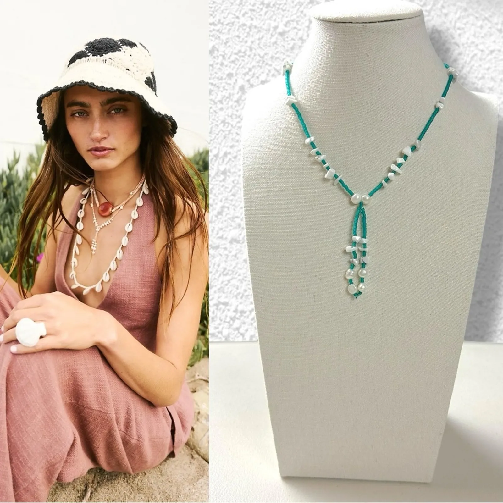 Free People Freshwater Pearl Bolo Necklace Teal Green Bohemian Beach Dainty NWT - Image 3