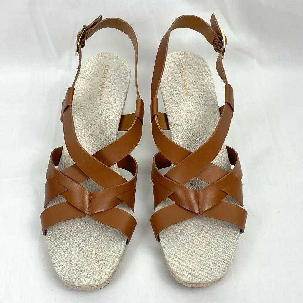 Cole Haan Brown Wedge Sandals Leather Espadrille Crystal NEW Sz 10 Buckle - Image 2