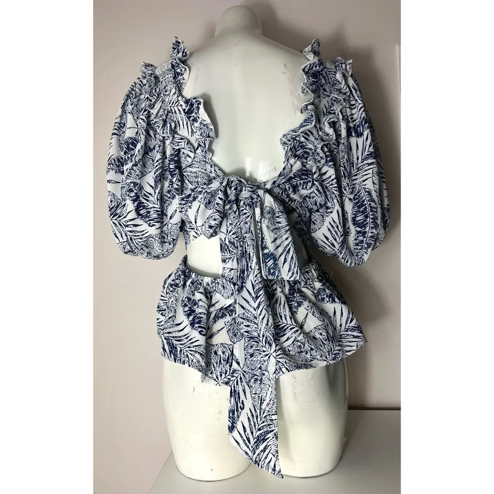 Sweet Rain Blue White Floral Leaf Peplum Tie Back Puff Sleeve Blouse Plus 2XL - Image 5