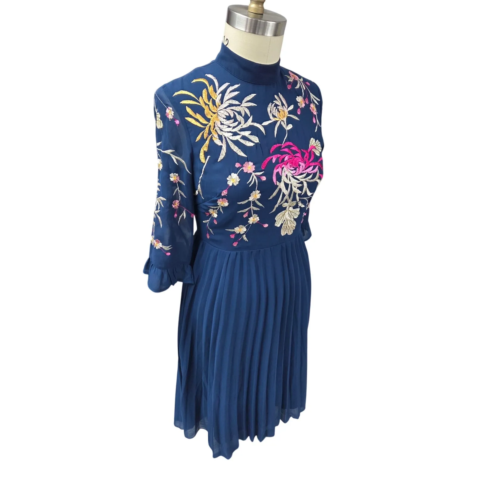 ASOS Navy Embroidered Pleated Midi Dress Sz 12 - Image 4