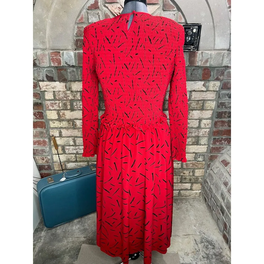 Liz Claiborne dress smocked bodice red black long sleeve pockets - Image 3