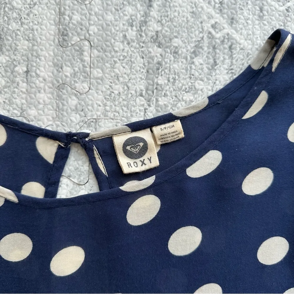 Roxy Sun Empire Navy Classic Polka Dot Babydoll Mini Dress Size S Balloon Sleeve - Image 3