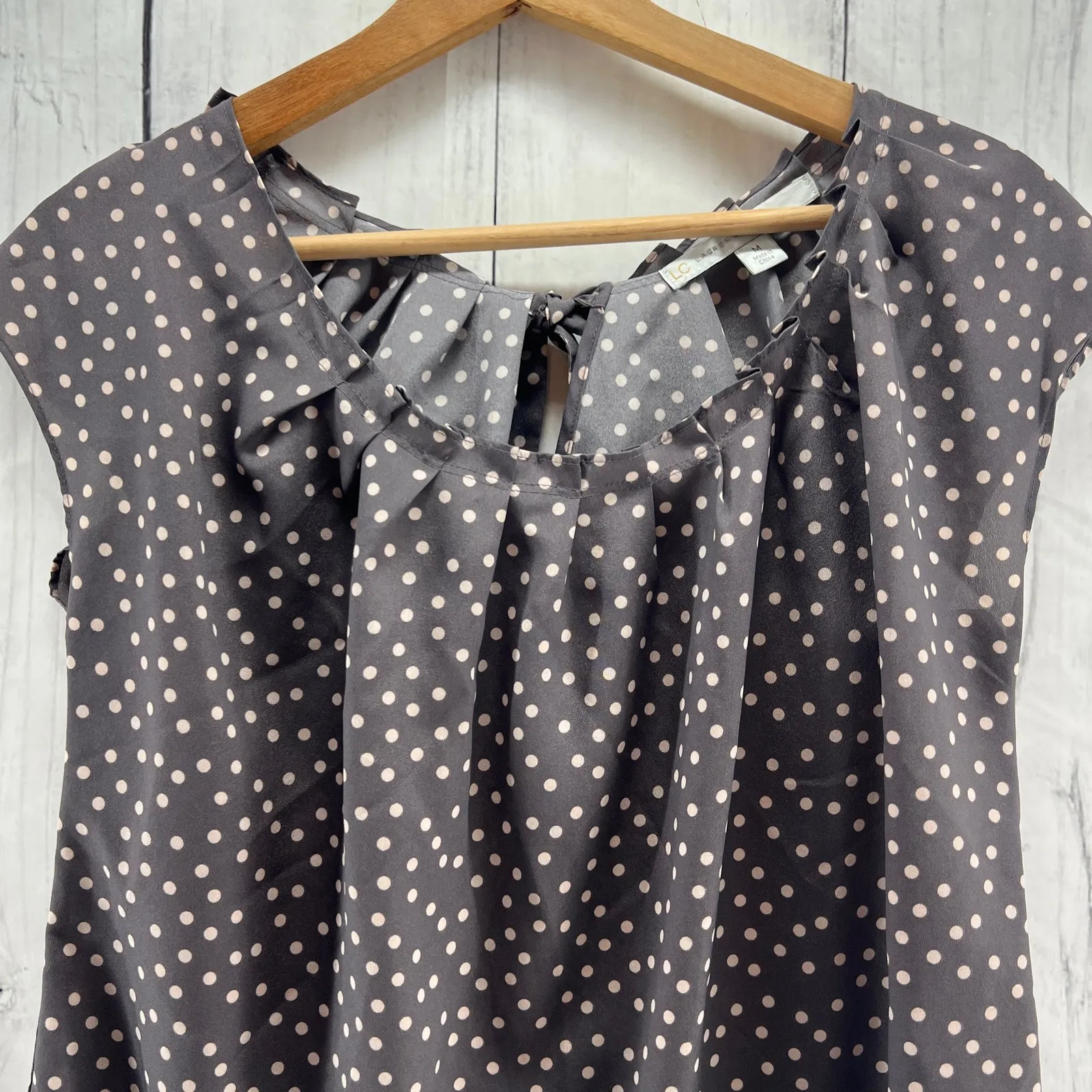 LC Lauren Conrad MEDIUM Gray Brown Polka Dot Pleated Bow Chiffon Top Blouse - Image 3