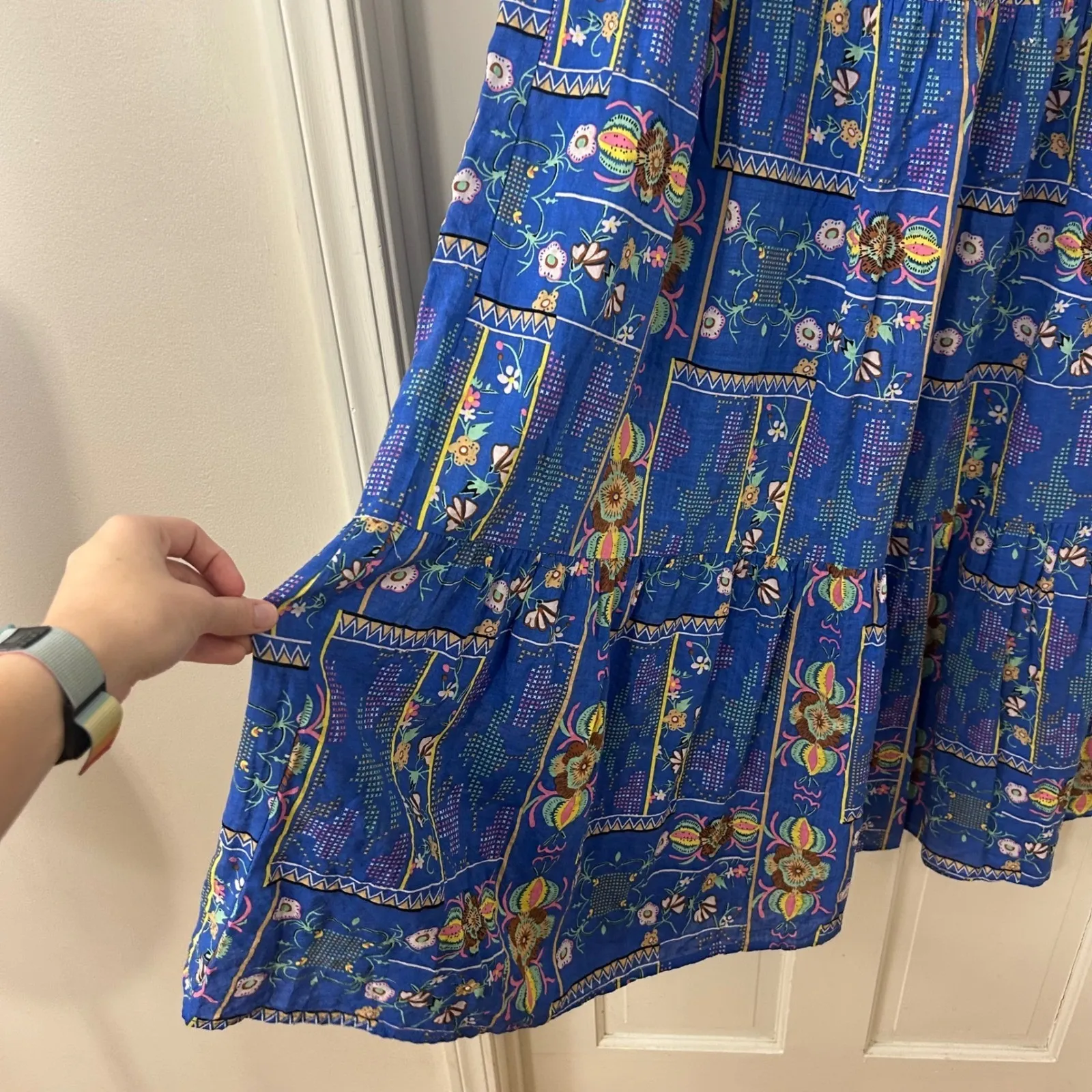 Entro Sz L Blue Folk Floral Tiered Maxi Skirt Boho Festival Hippie Teacher Flowy - Image 3
