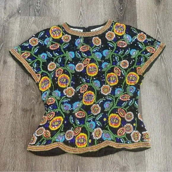 Oleg Cassini Black Silk Blouse Beaded Sequin Vintage Evening Top Size 8 Medium - Image 1