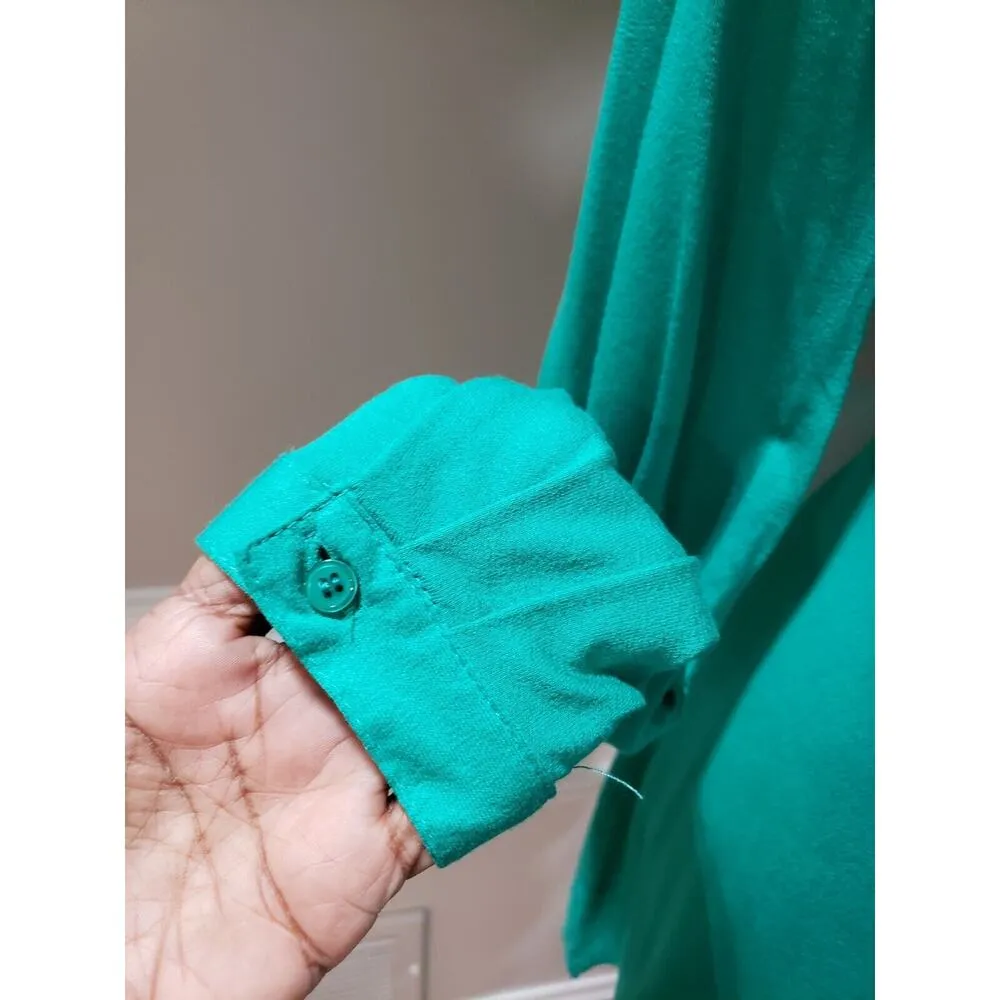 NY Collection Women's Green O-Ring Front V Neck Asymmetrical Top Blouse Small - Image 7