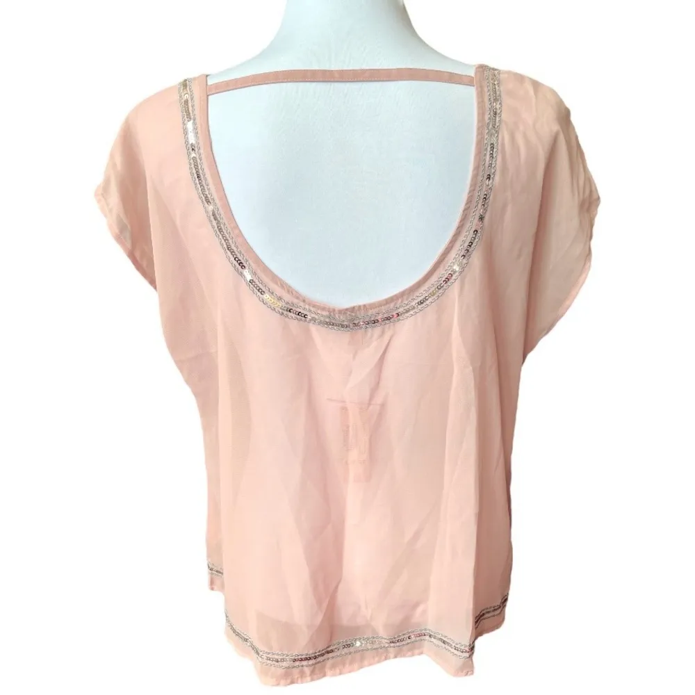 NWT Decree Peach See-Through Tunic with striped back Sequins Round Neck Size L - Image 3