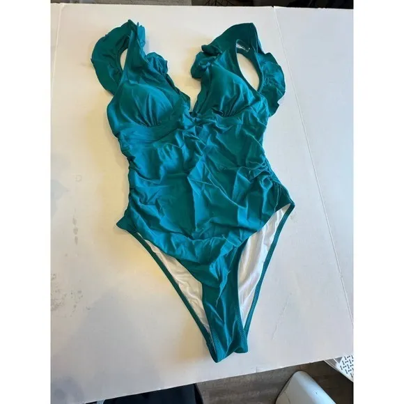 Cupshe Teal Ruffle V‎ Neck Tummy Control One Piece Swimsuit Bathing Suit XXL - Image 3