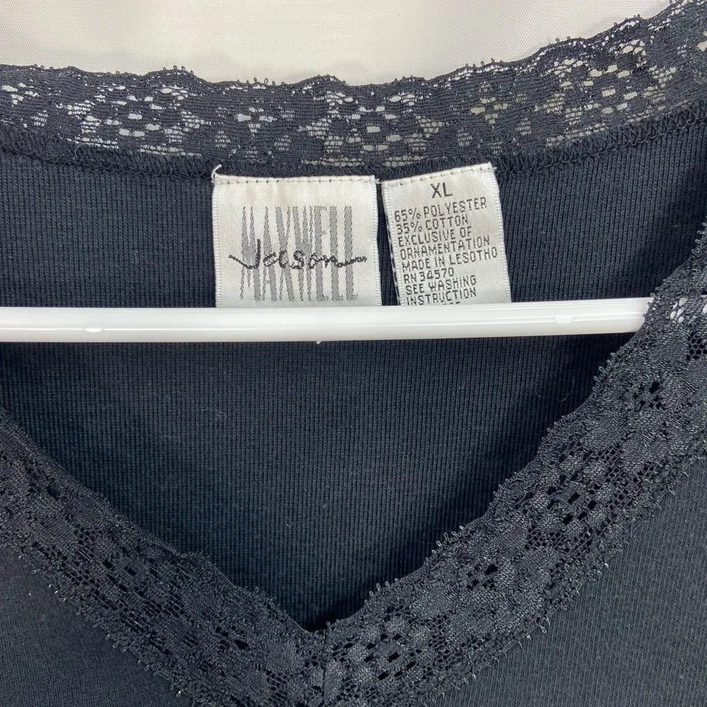 Vintage Jason Maxwell women’s solid black sleeveless lace trim v-neck tank top - Image 3