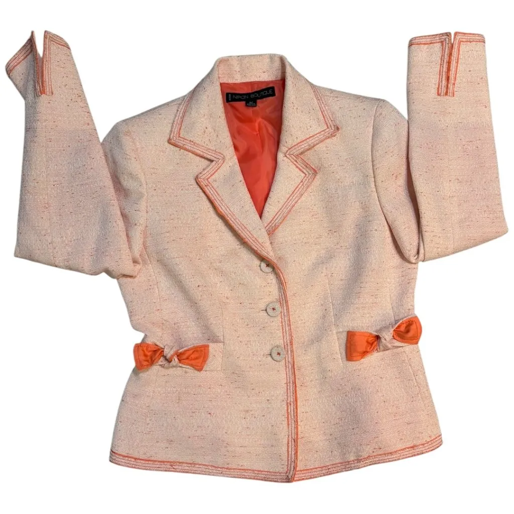 Vintage Albert Nipon Boutique Peach Silk Lined Bow Blazer Jacket Pink Size 4P - Image 7