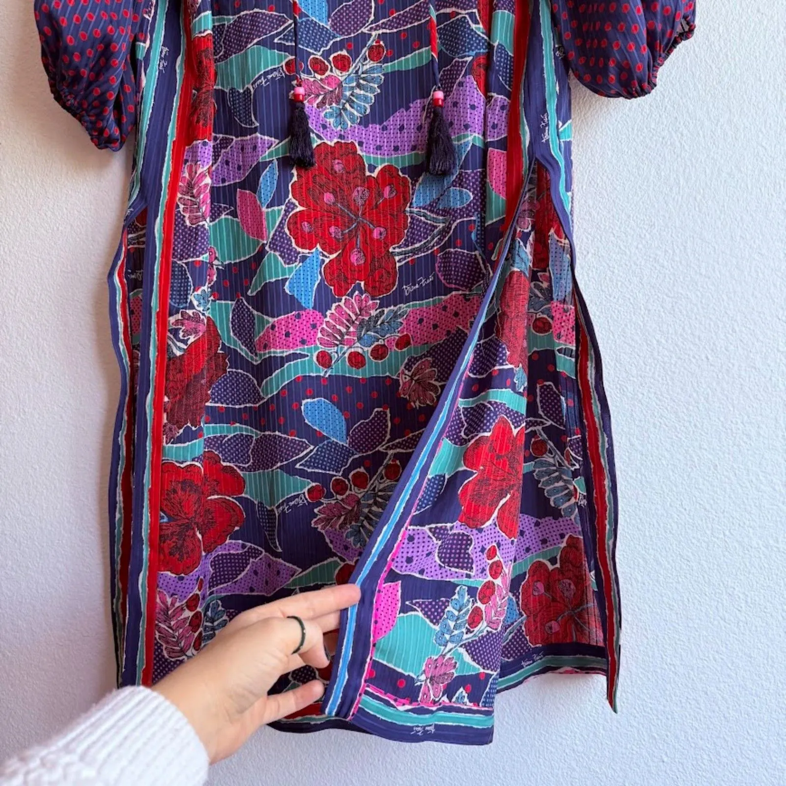 Vintage 80s Diane Freis Coordinating 3 Piece Floral Dot Tunic Pants & Sash Set Blue Size M - Image 6