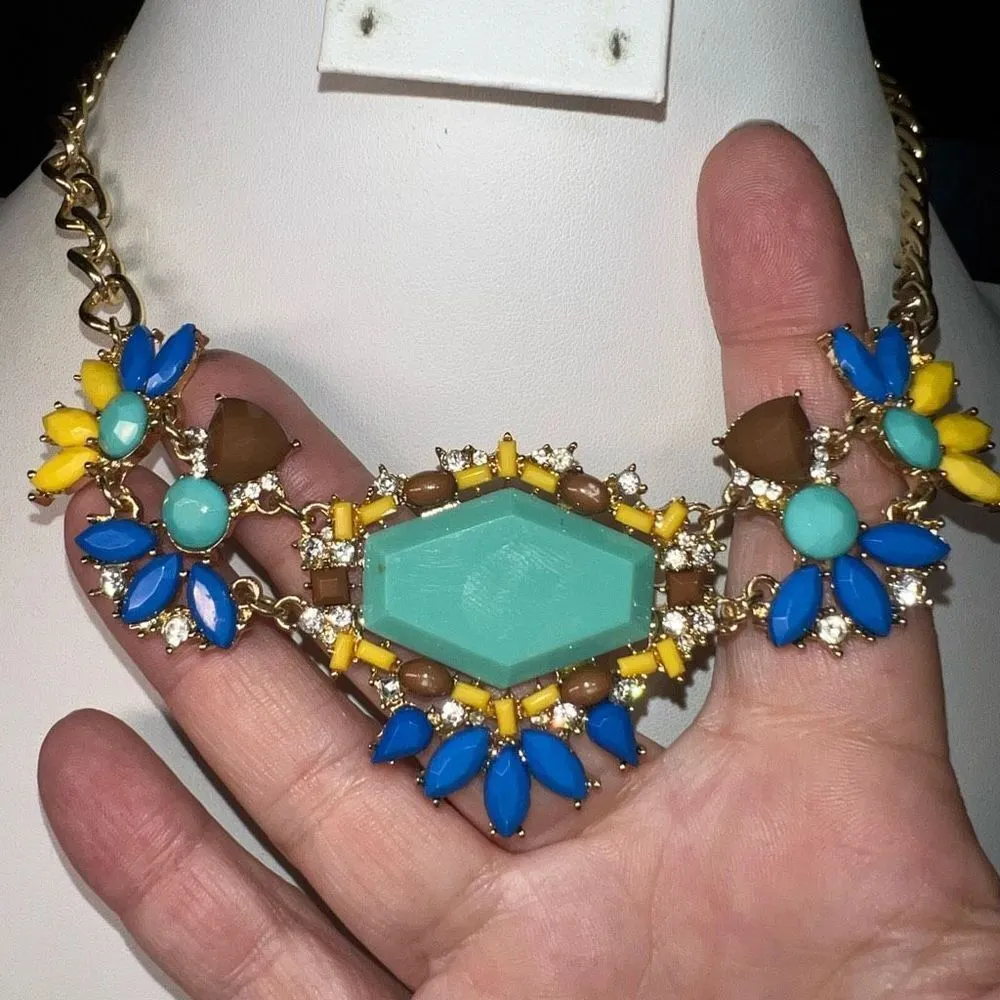 Colorful Gold Tone Deco Style Statement Bib Necklace - Image 4