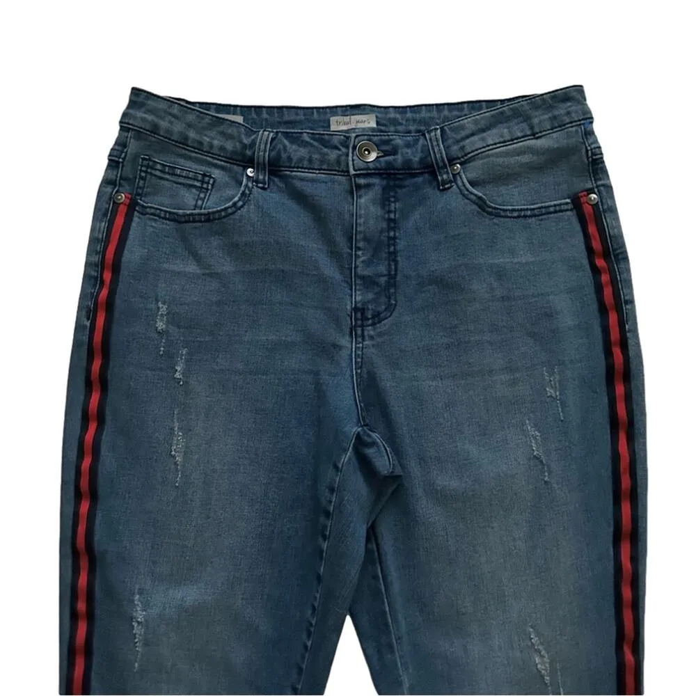 Tribal Jeans Distressed Stretch Raw Hem Side Red Stripe Ankle Jeans Size 12 Blue - Image 3