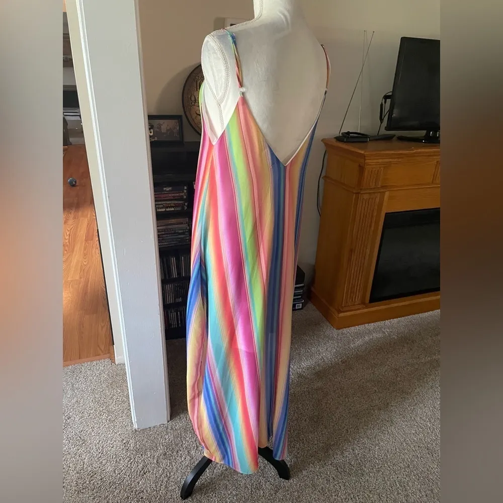 Vestique Maxi Slip Dress Rainbow Deep V Neck Size Small Flowy Cruise Resort Wear - Image 3
