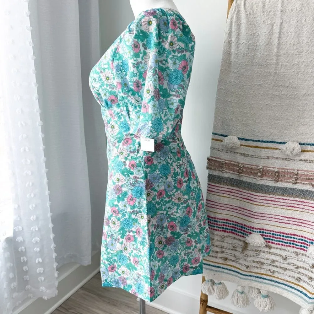 Hyacinth House Tuckernuck Blue Pink Floral Short Puff Sleeve Sallie Mini Dress L - Image 3