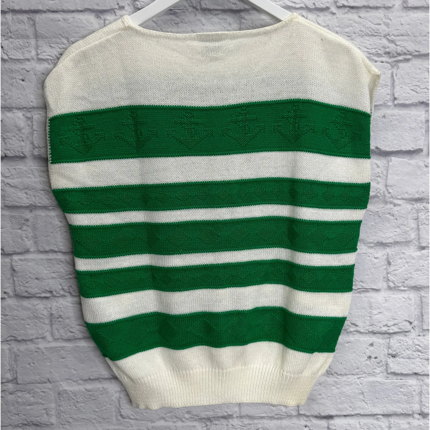 Vintage Picket and Post Striped Cap Sleeve Sweater Size M White Green Anchors Size M - Image 4
