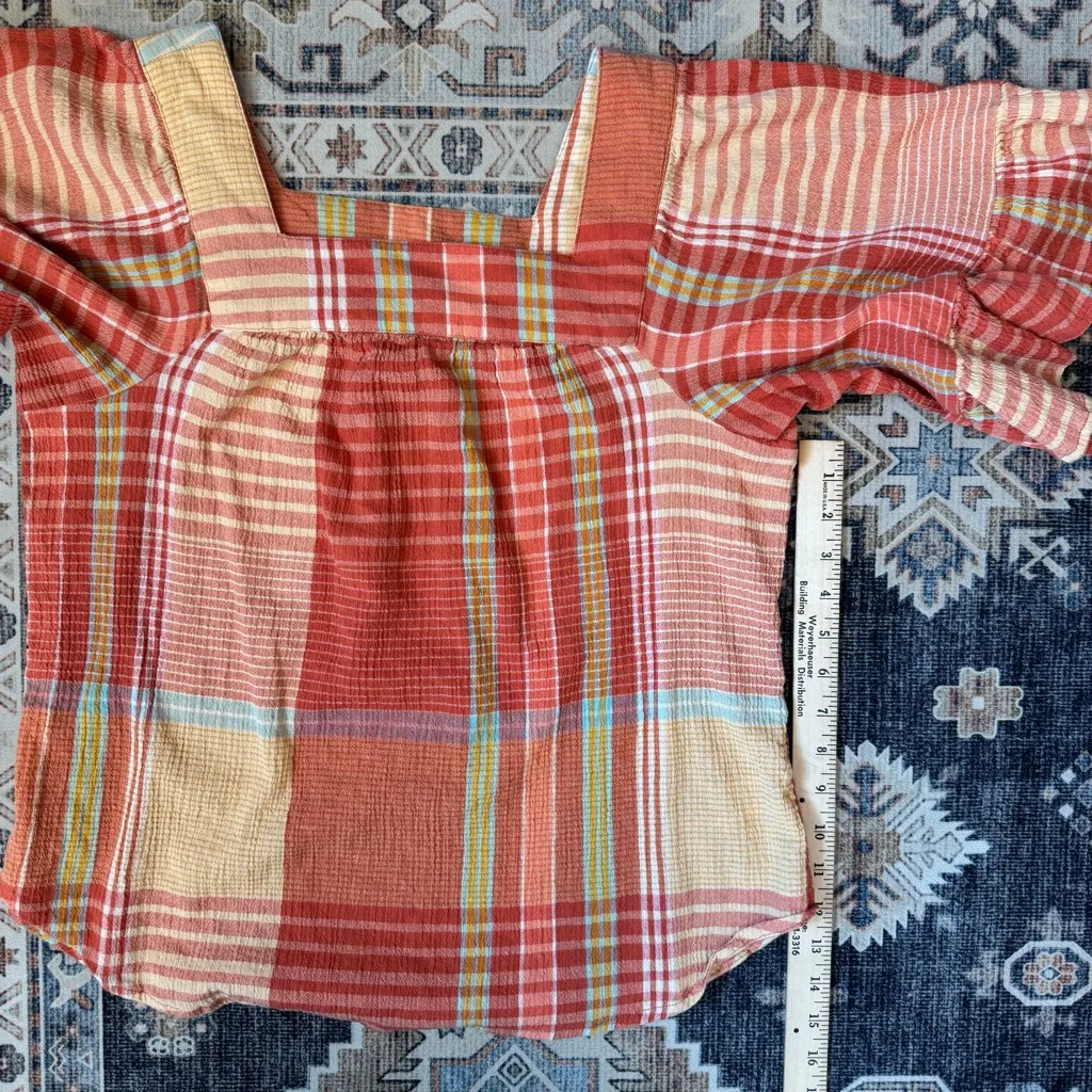 beachlunchlounge Naomi Orange Plaid Cotton Ruffle Blouse Women’s Size Large - Image 9