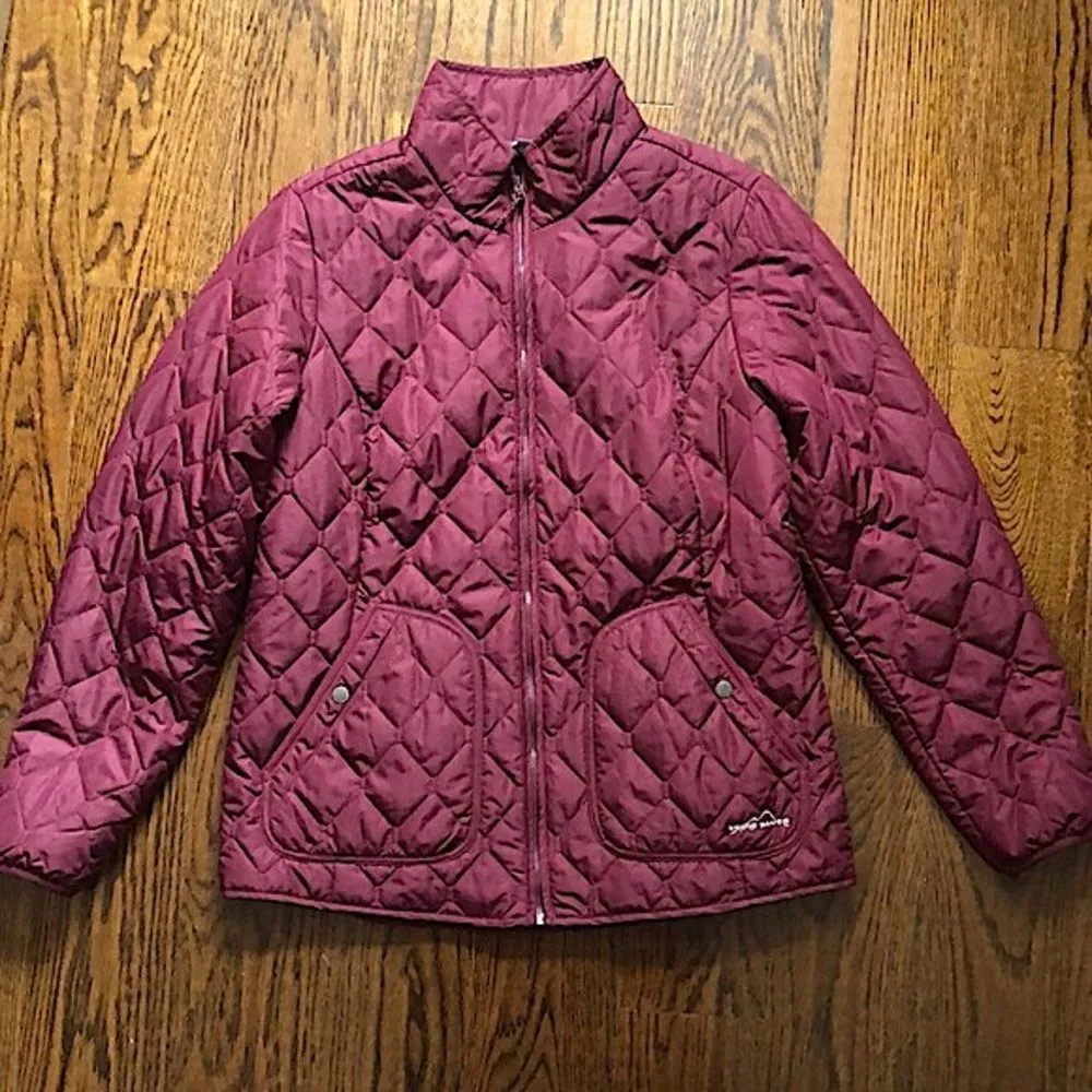 EDDIE BAUER Women’s Wine Burgundy Embroidered Diamond Pattern Quilted Coat Sz LG - Image 11