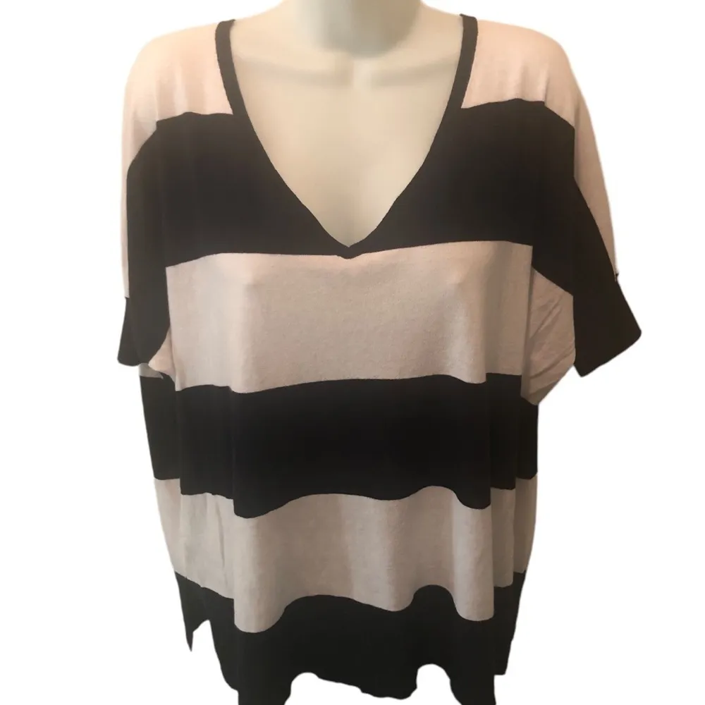 New Minnie Rose Saks Fifth Ave Striped Light V~Neck Sweater M/L Cotton Navy - Image 4