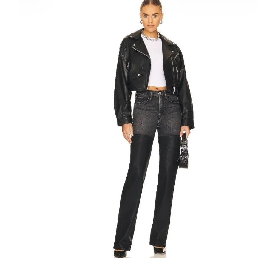 FRAME Le Jane Midnight Mix Denim Coated Straight Paneled Black Jeans Size 26 - Image 3