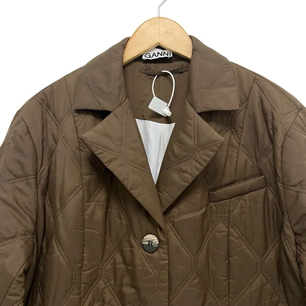 GANNI Diamond Quilted Ripstop Oversized Jacket Teak Brown Coat Women’s Size M - Image 7
