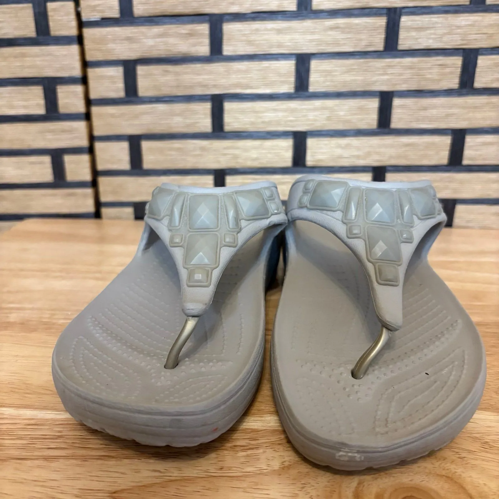 Crocs Gray Jeweled Flip Flops Size 9 - Image 3